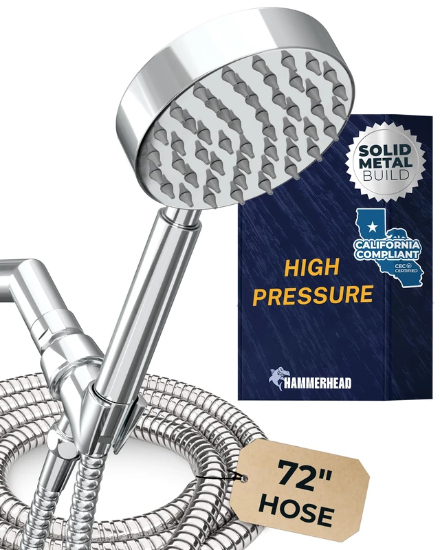Hammerhead Showers® All Metal Low Flow Handheld Shower Head with Hose and Brass Holder - Chrome – Water Saving 1.75 GPM Detachable Shower Head - Adjustable Shower Wand Bracket & 6ft Hose