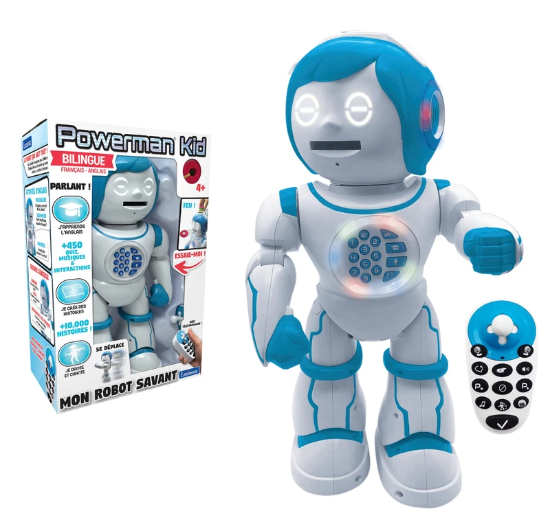 Lexibook Powerman Kid - Bilingual French/English Learning Robot with Remote Control - Programmable Dance Play Music Tales 450+ Quiz Records 4+ - ROB90FR