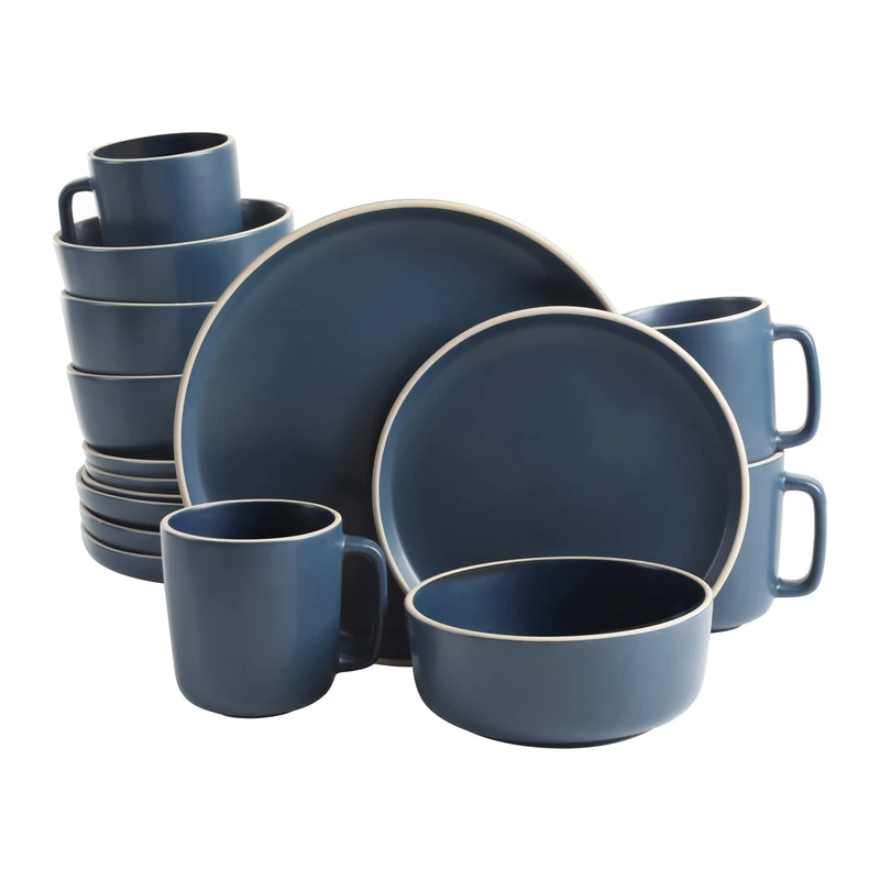 Gibson Home Zuma 16 Piece Round Kitchen Dinnerware Set, Dishes, Plates, Bowls, Mugs, Service for 4, Matte Stoneware, Blue