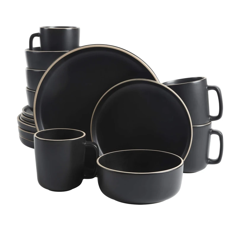 Gibson Home Zuma 16 Piece Round Kitchen Dinnerware Set, Dishes, Plates, Bowls, Mugs, Service for 4, Matte Stoneware, Black