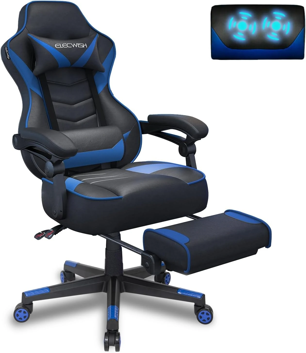 Fullwatt Racing Gaming Chair for Adults with Footrest and Massage Lumbar Pillow, Swivel Height Adjustable Reclining PU Leather Video Game Chair, Big and Tall (Blue)