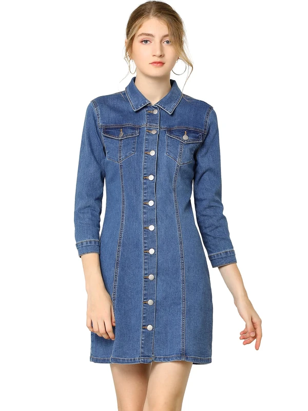 Allegra K Women's 3/4 Sleeve Button Down Denim Dress, Light Blue, XL