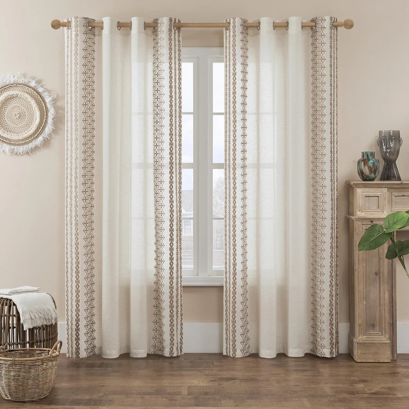 Boho Sheer Curtains for Living Room Bedroom - 84 Inches Long 2 Panels Set With Grommets, Beige Embroidered Neutral Bohemian Window Treatment for Rustic Farmhouse Decor, 52x84 Taupe