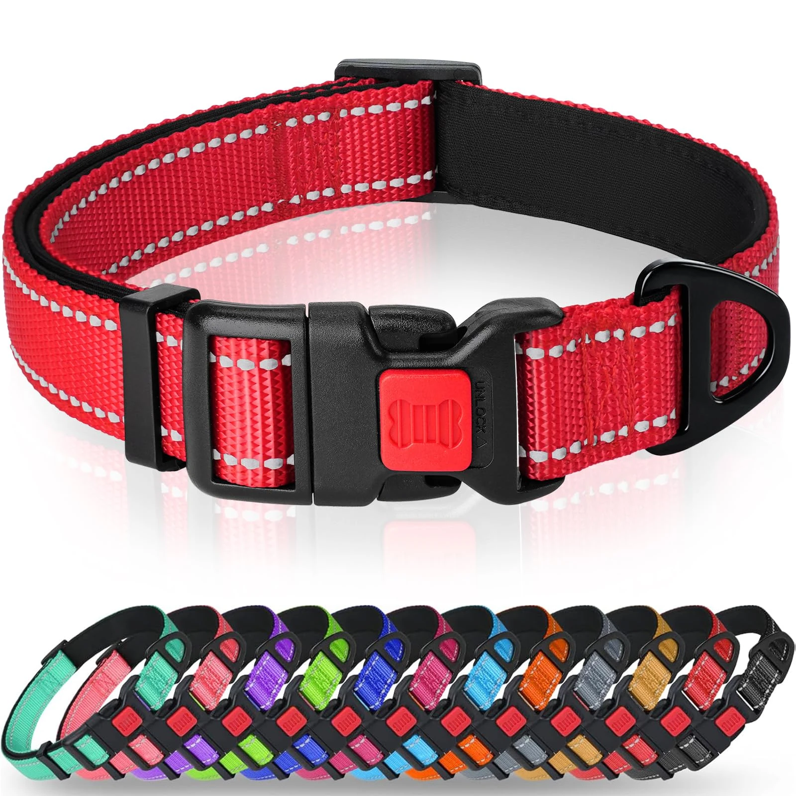 Taglory Reflective Nylon Dog Collar with Safety Buckle, Adjustable Pet Collars with Soft Neoprene Padding for Medium Dogs, Red