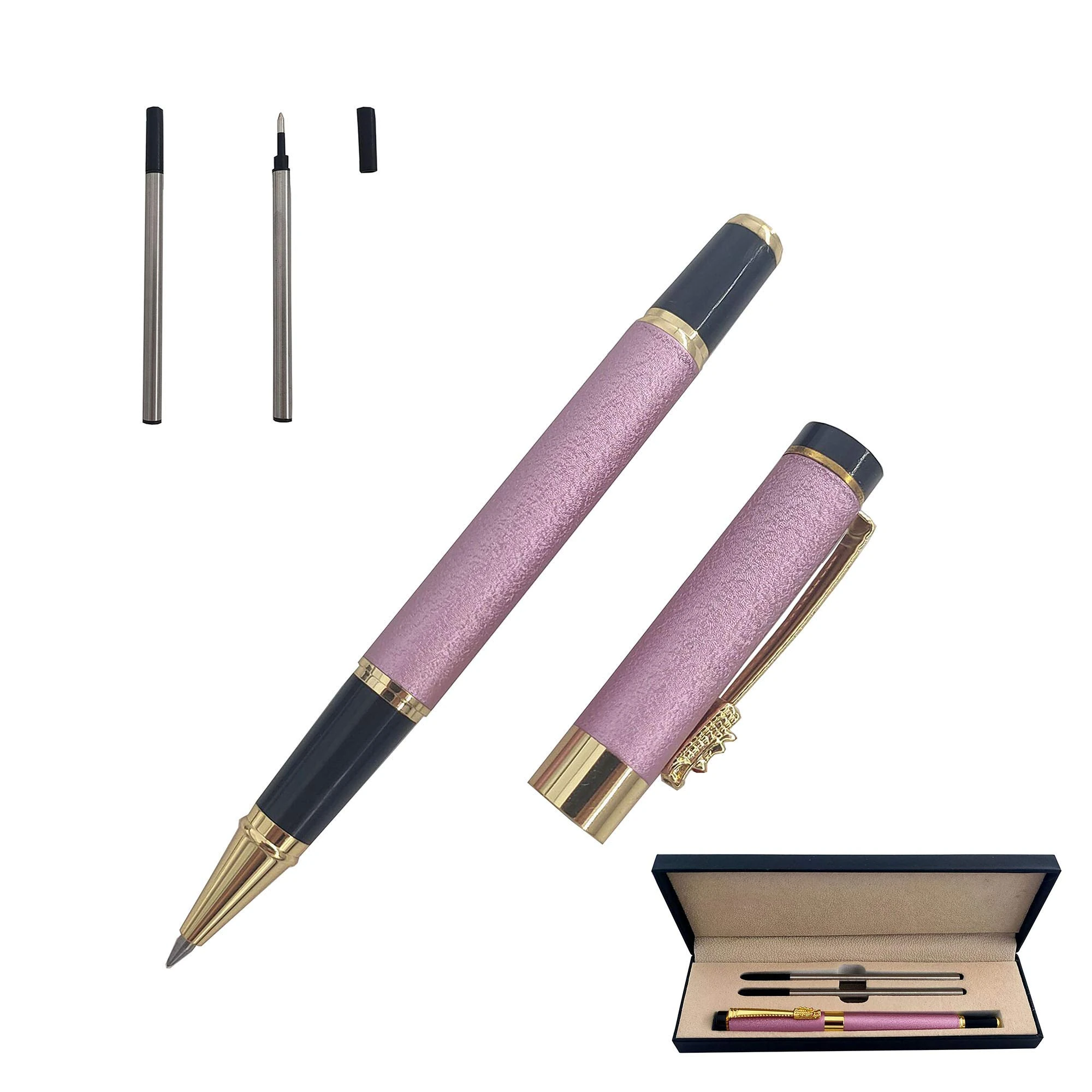 Accod Fine Nib Rollerball Pen High-end Business Signature Pen Metal Pen Clip Black Ink Rollerball Pen with Two 0.5mm Replacement Refills Gift Premium Gift Box (Pink)