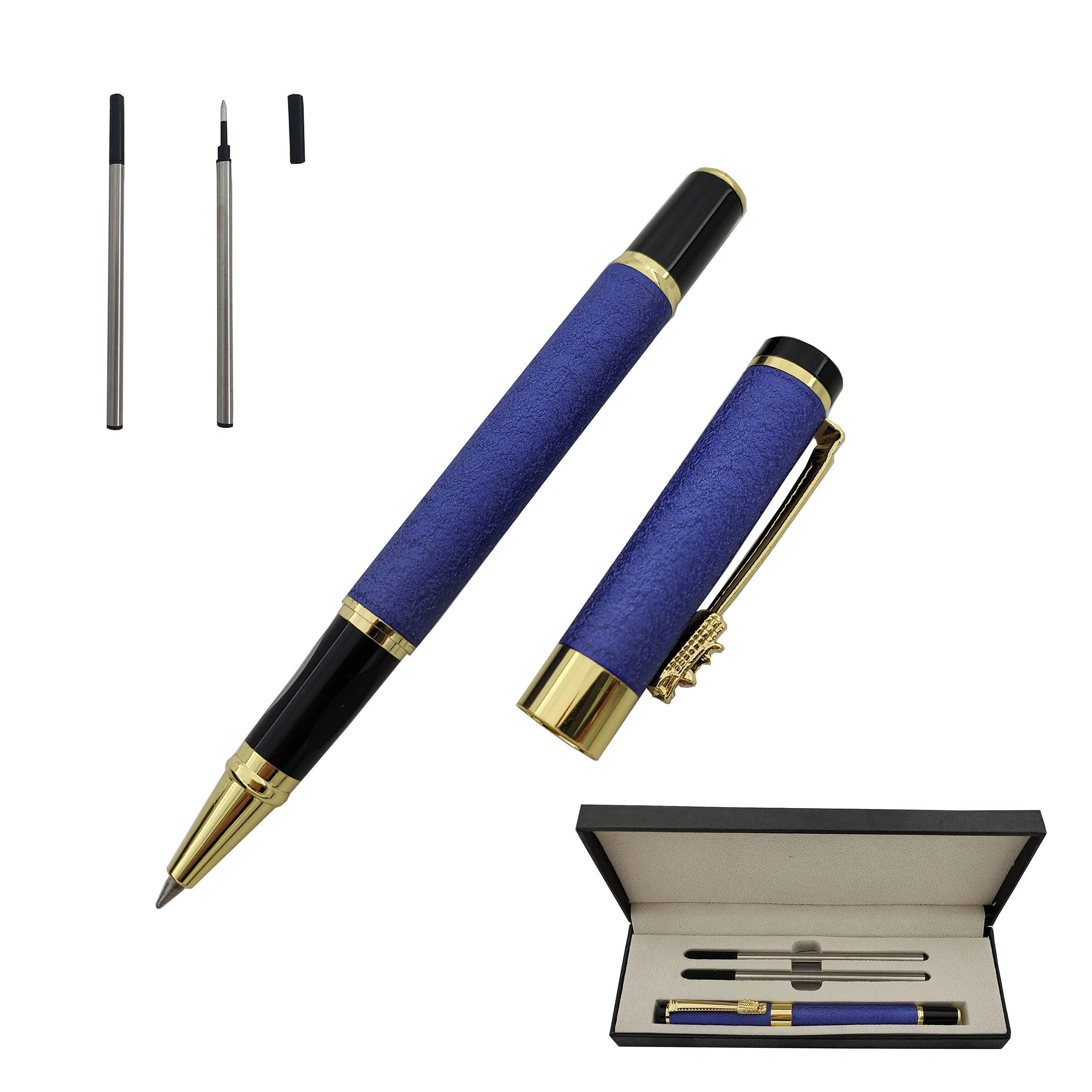 Accod Fine Nib Rollerball Pen High-end Business Signature Pen Metal Pen Clip Black Ink with Two 0.5mm Replacement Refills Gift Premium Gift Box (Blue)