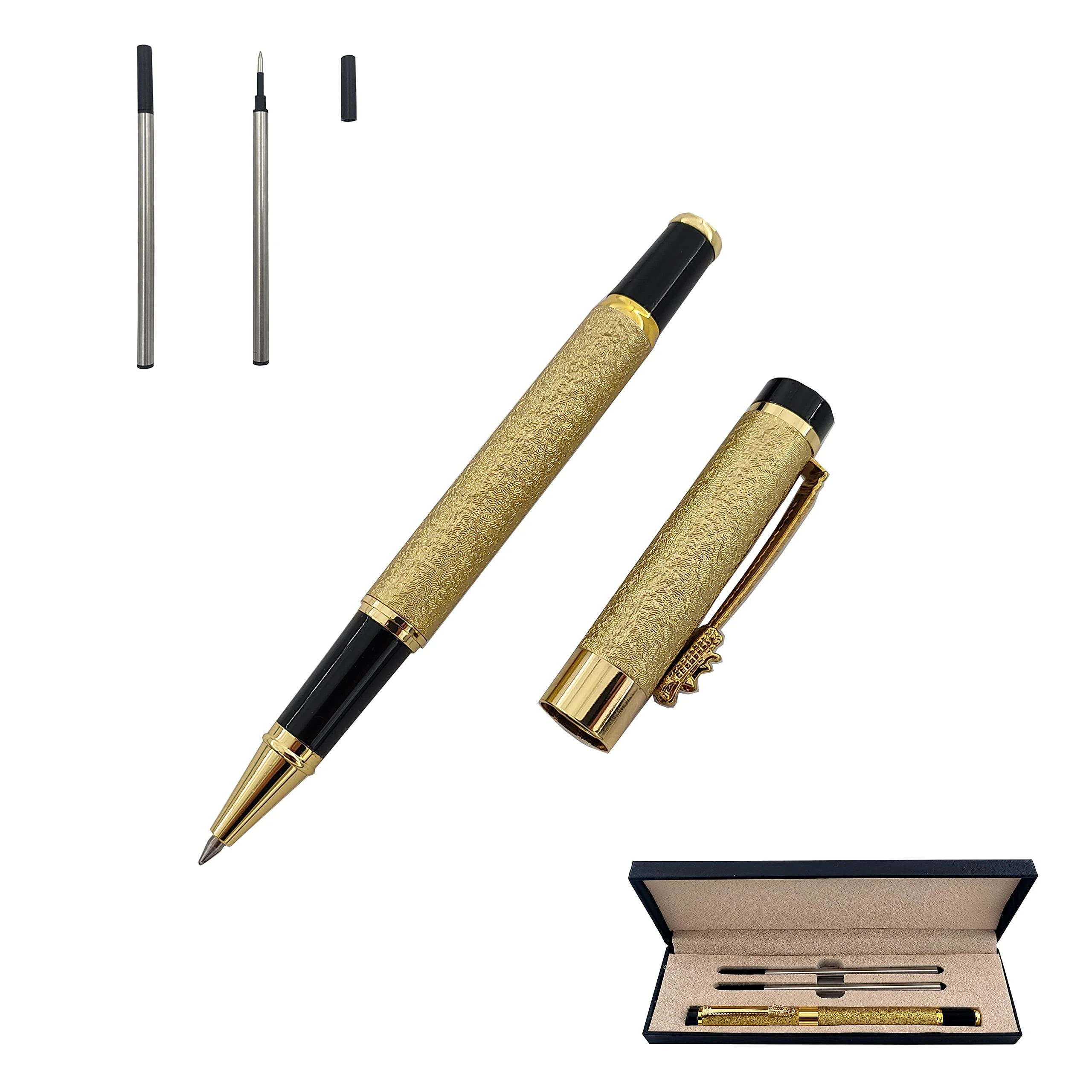 Accod Fine Nib Rollerball Pen High-end Business Signature Pen Metal Pen Clip Black Ink with Two 0.5mm Replacement Refills Gift Premium Gift Box (Frosted Gold)