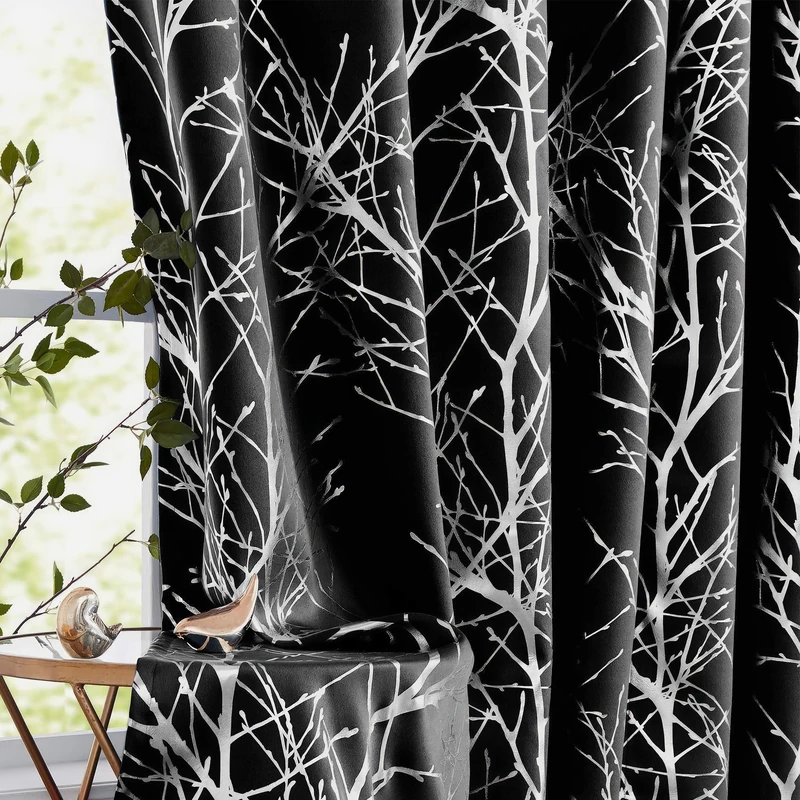 Fmfunctex Metallic Tree Blackout Curtains Bedroom Black 84-Inch Length Living-Room Branch Print Curtain Panels Triple Weave Thermal Insulated Drapes for Windows Dorm Hotel Grommet Top, 2Panels