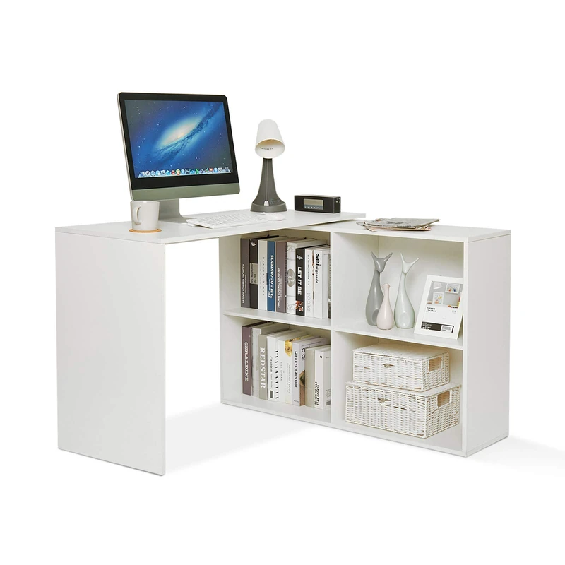 Mondeer Corner Desk with Storage and 4 Shelves, Reversible Angle, Wood, 106(L) x 106(W) x 74.5(H) cm Modern 106 x 106 x 74.5 cm white