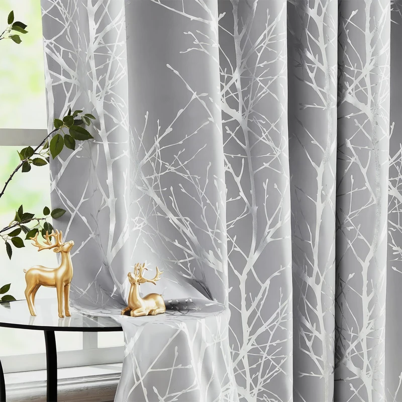 Fmfunctex Metallic Tree Blackout Curtains Bedroom Grey 84-Inch Living-Room Branch Print Curtain Panels Forest Triple Weave Thermal Insulated Drapes for Windows Dorm Hotel Grommet Top, 2Panels