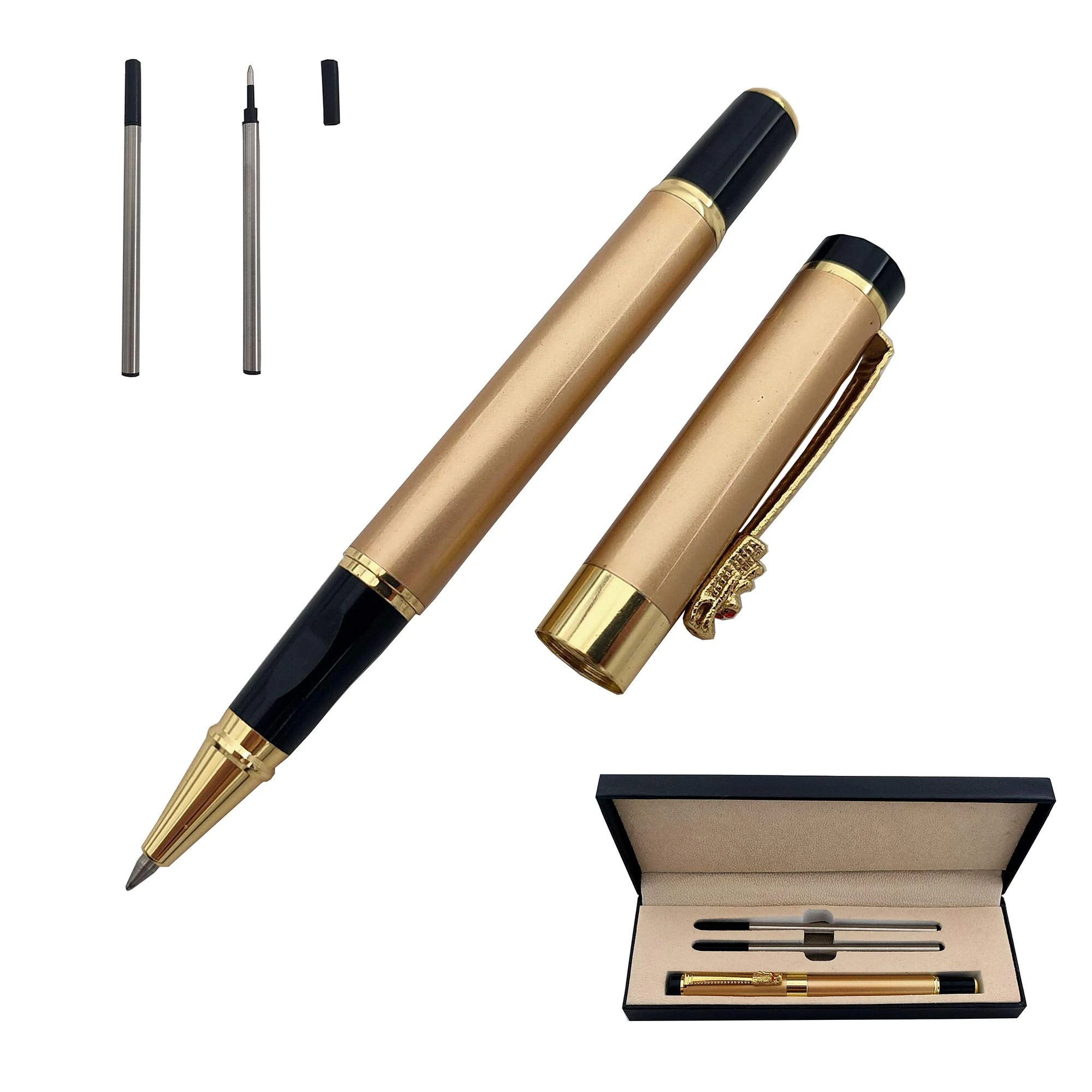 Accod Fine Nib Rollerball Pen High-end Business Signature Pen Metal Pen Clip Black Ink with Two 0.5mm Replacement Refills Gift Premium Gift Box (Gold)