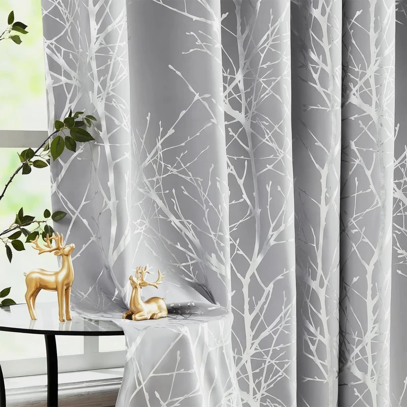 Fmfunctex Silver Branch Blackout Curtains Grey for Bedroom Living Room 96" Length Metallic Print Tree Curtain Panels for Men Guest Room Energy Saving Thermal Window Treatment Set 2 Pack