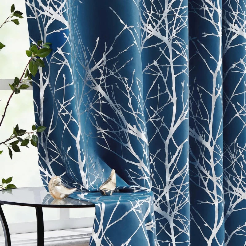 Fmfunctex Metallic Tree Blackout Curtains Bedroom 84-Inch Long Blue Living-Room Branch Print Curtain Panels Triple Weave Thermal Insulated Drapes for Windows Dorm Hotel Grommet Top, Navy 2Panels
