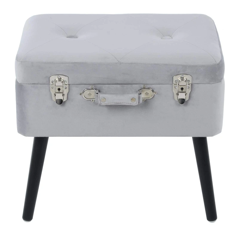 Hodge and Hodge Suitcase Storage Stool Velvet Padded Seat Black Legs Silver Latch Trunk Silver Grey