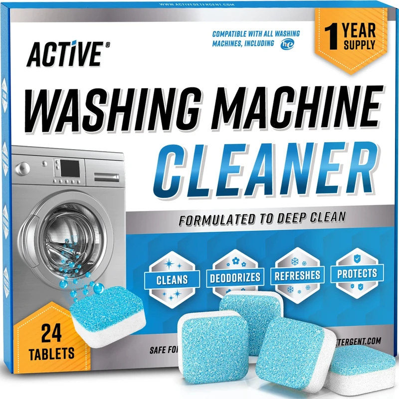 Washing Machine Cleaner Descaler 24 Tablets - ACTIVE Deep Clean Freshener for HE, Front and Top Load Washer, Septic Safe Eco Limescale and Odour Eliminator, Laundry Tub Seal Cleaning- 12 Month Supply