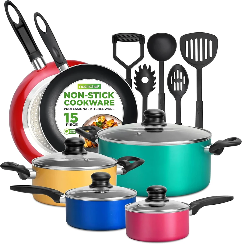 NutriChef, 15 Piece Pots and Pans Set - Non-Stick Cookware Set, Induction Hob Cookware Set, Premium Cooking Set w/ Lids, Heat Resistant, Saucepot, Frying Pans, Oven Pot, Lids, Colorful