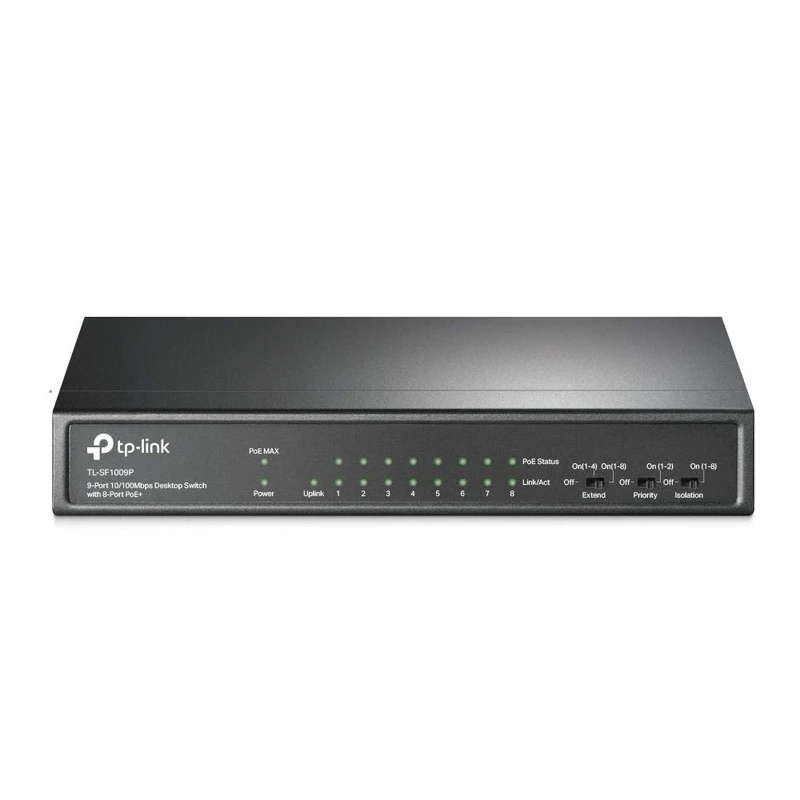 TP-Link TL-SF1009P 9-Port 10 / 100Mbps Unmanaged Desktop PoE Switch, 8 Port PoE+, Network Swithc Power up to 30 W For Each Port, Up to 250m Data And Power Transmission, Steel Case