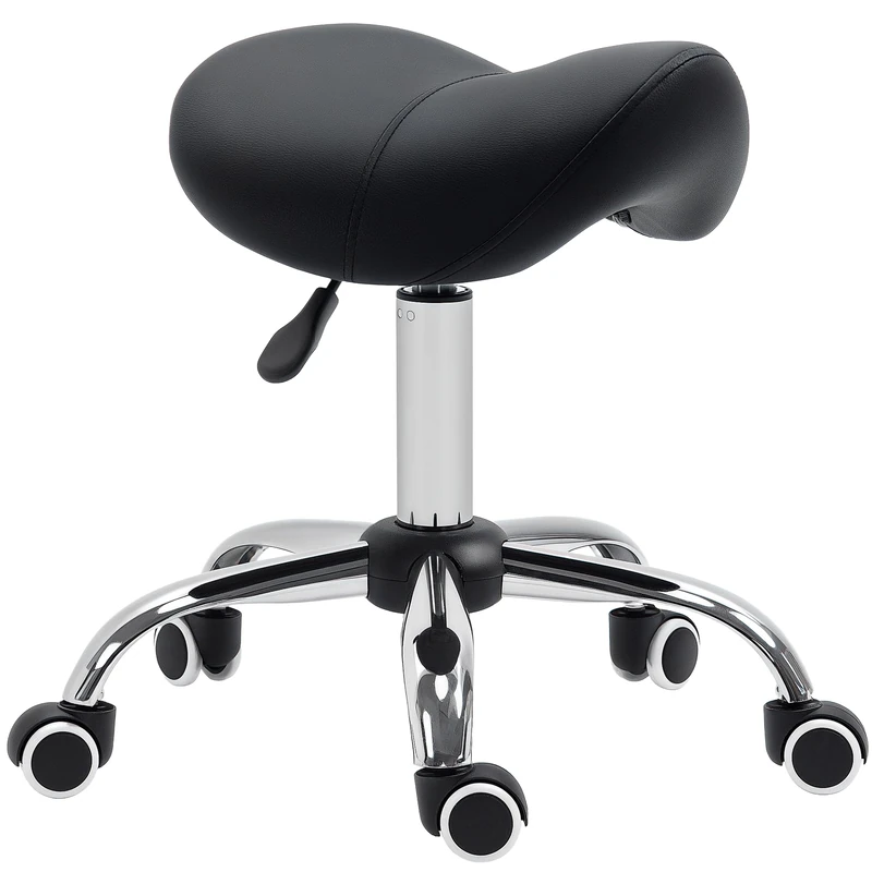 HOMCOM Cosmetic Stool 360° Rotate Height Adjustable Salon Massage Spa Chair Hydraulic Rolling Faux Leather Saddle Stool Mobility, Black