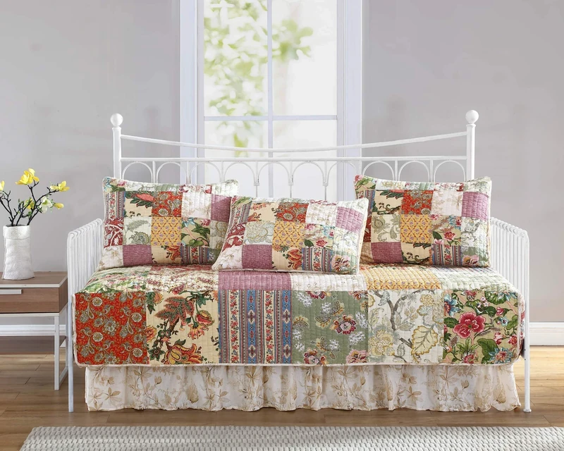 Chezmoi Collection Delaney 5-Piece Floral Patchwork Pre-Washed 100% Cotton Quilt Set, Daybed Size
