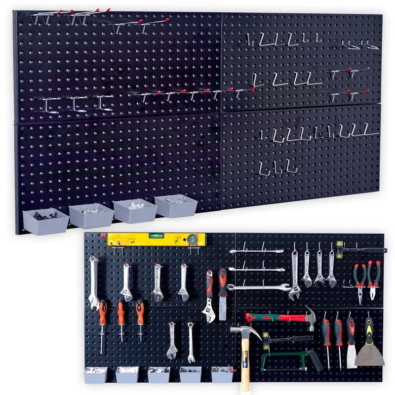 Wallmaster Pegboard Organizer Garage Storage - 48pcs Pegboard Hooks Set, Pegboard Tool Organizer with 48x24 Inch Steel Peg Board & 4 Storage Bins（Black）
