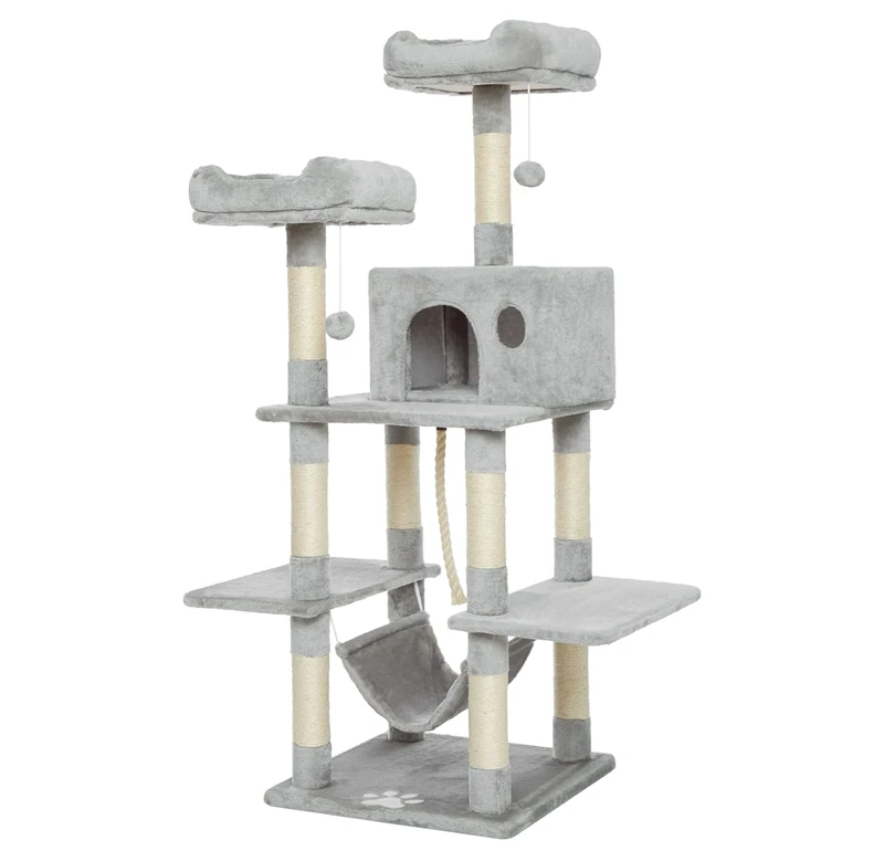 Meerveil Cat Tree, 145cm Tall Large Scratching Post, Multi-Level Stable Climbing Tower With Padded Plush Perches, Play Towers, Activity Toys for Cats, Light Grey