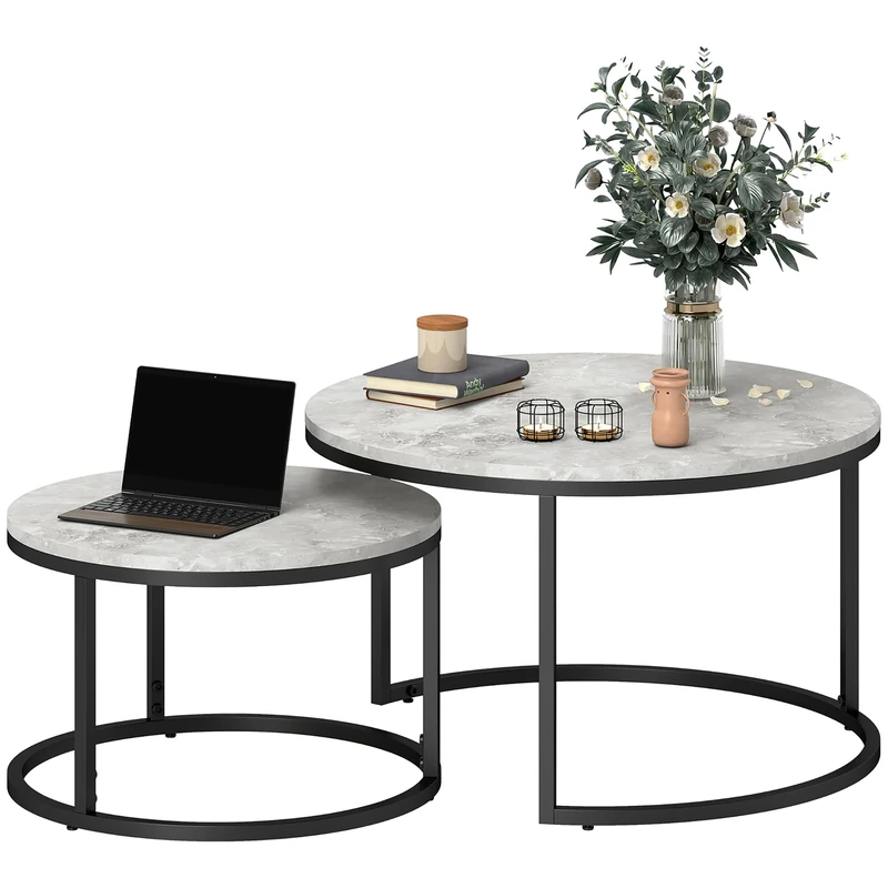 HOMCOM Round Nesting Coffee Table Set of 2, Large Stacking End Side Table with Steel Frame for Living Room, Bedroom, Home Office, 78.5 x 78.5 x 46.5 cm, Marble Grey