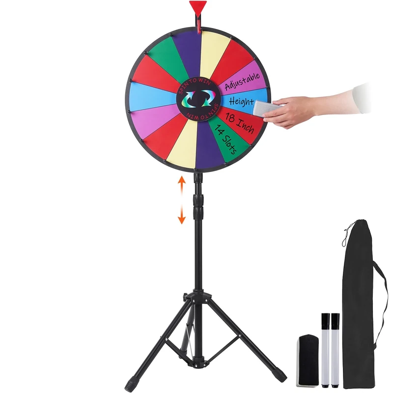 VEVOR 45.72 cm Spinning Prize Wheel, 14 Slots Spinning Wheel with Height Adjustable Stand, Roulette Wheel with a Dry Erase, and a Storage Bag, Win Fortune Spin Games in Party Pub Trade Show Carnival