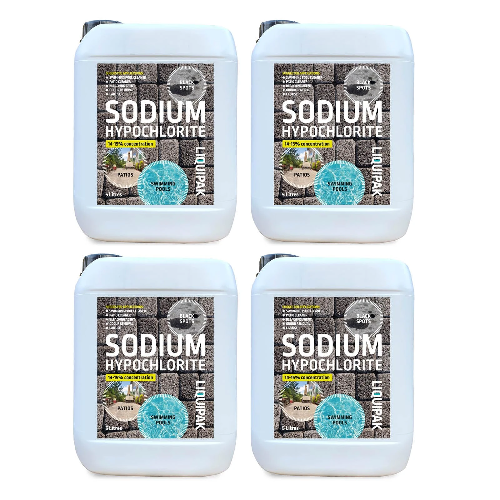 Liquipak Sodium Hypochlorite 20 Litres Patio Cleaner (4x5L) | High Strength 14-15% Concentration | Swimming Pool Liquid Chlorine & Black Spot Remover | Bleach Solution