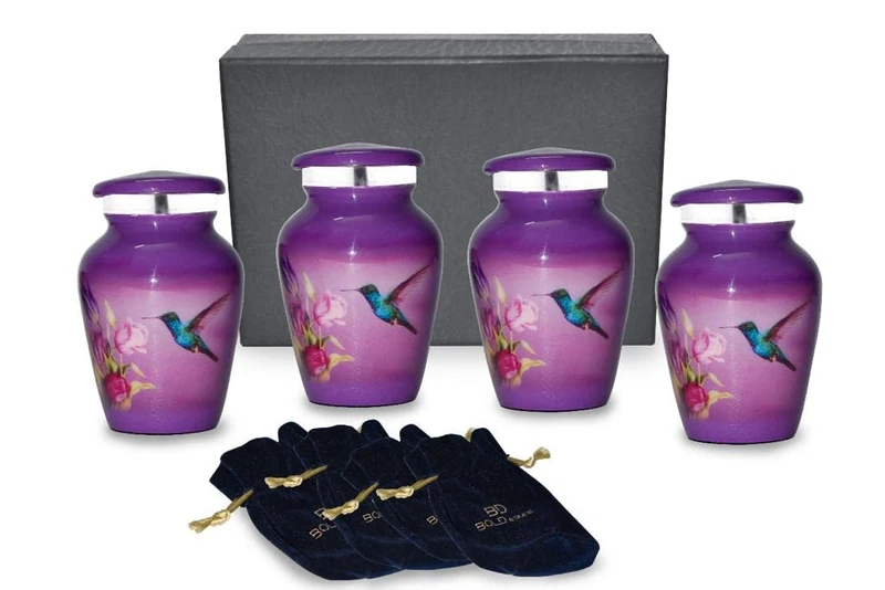 BOLD & DIVINE Small Purple Hummingbird Keepsake Urns | For Human Ashes | Mini Urns Set of 4 with Premium Velvet Box & Individual Bags