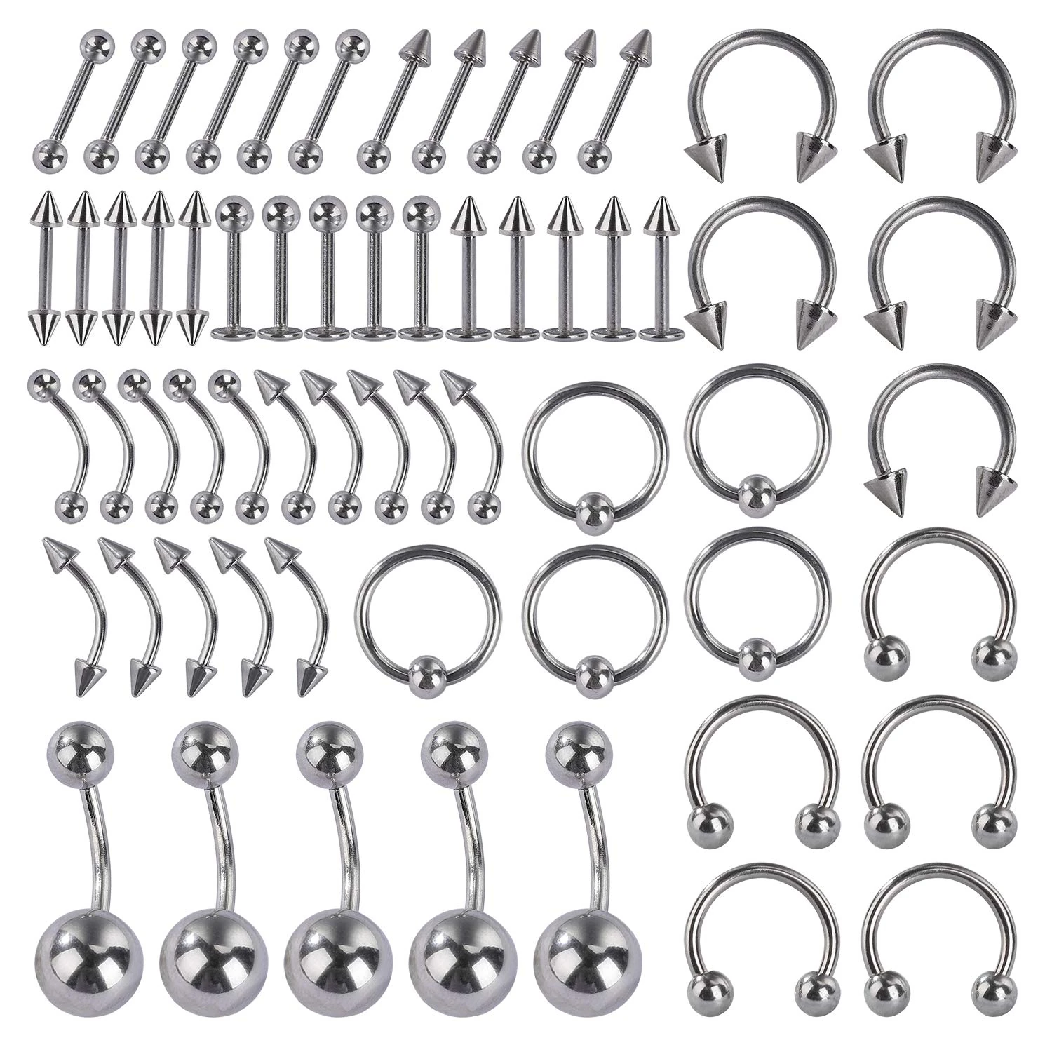 MengH-SHOP Lip Eyebrow Tongue Nose Ear Belly Hoop Rings Body Piercing Jewelry Surgical Steel Horseshoe Bar Punk 12 Styles 60 Pack