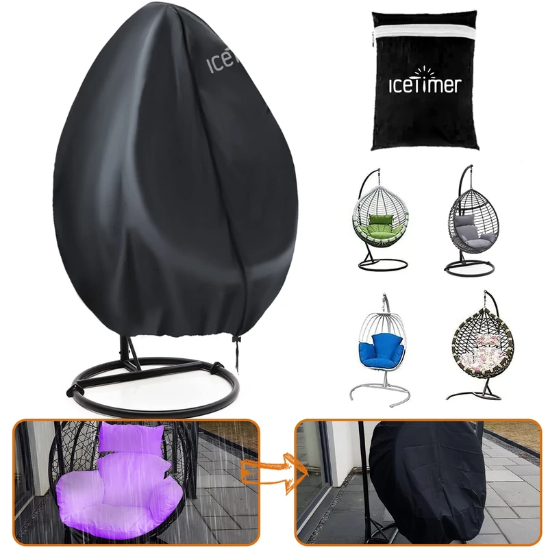 Icetimer Upgraded Egg Chair Cover - Waterproof, Windproof, Heavy Duty Large Patio Hanging Swing Seat Cover With Zipper, 190x115cm, Black