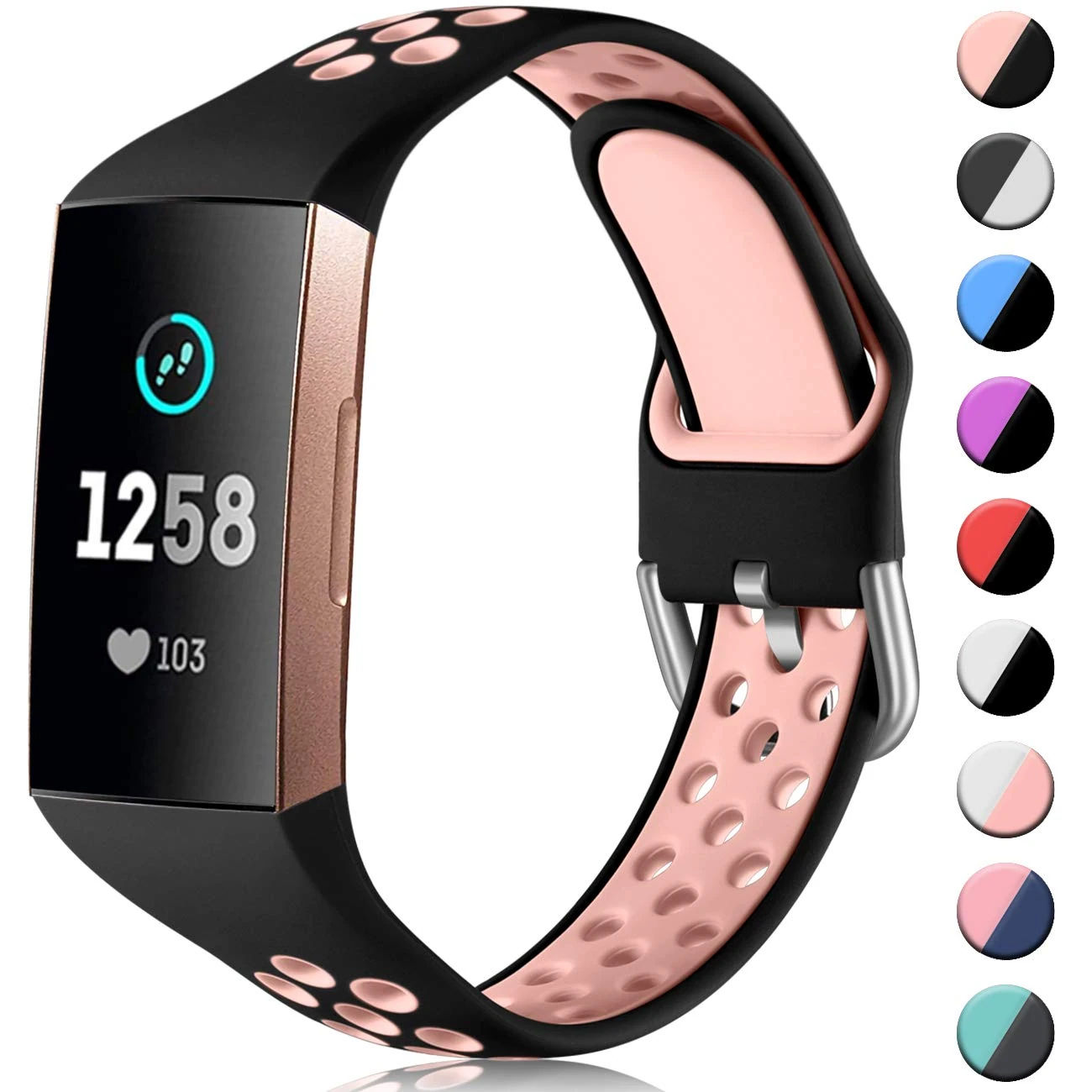 CeMiKa Silicone Strap Compatible with Fitbit Charge 4 Strap/Fitbit Charge 3 Strap, Breathable Replacement Sport Wristband for Charge 4 Special Edition, Women Men Large Black/Pink