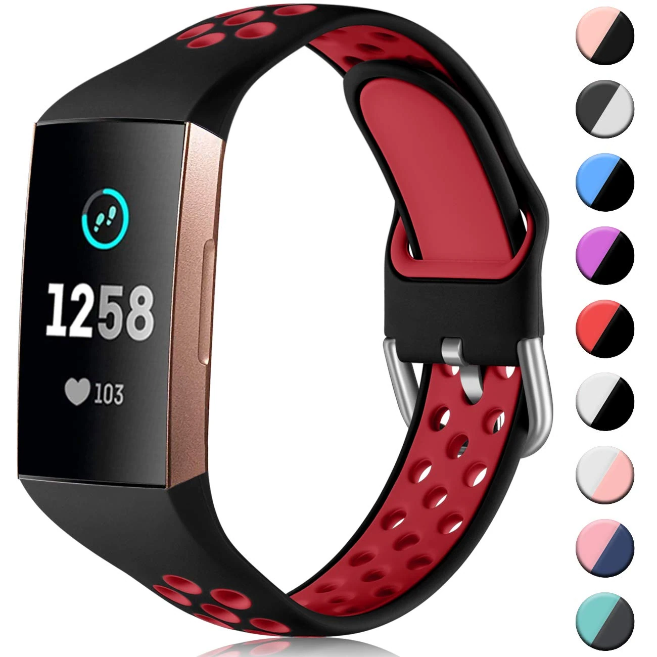 CeMiKa Silicone Strap Compatible with Fitbit Charge 4 Strap/Fitbit Charge 3 Strap, Breathable Replacement Sport Wristband for Charge 4 Special Edition, Women Men Large Black/Red