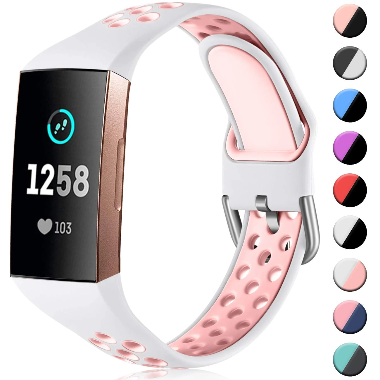 CeMiKa Silicone Band Compatible with Fitbit Charge 4 Band/Fitbit Charge 3 Band, Breathable Replacement Sport Wristband for Charge 4 SE, Small White/Pink