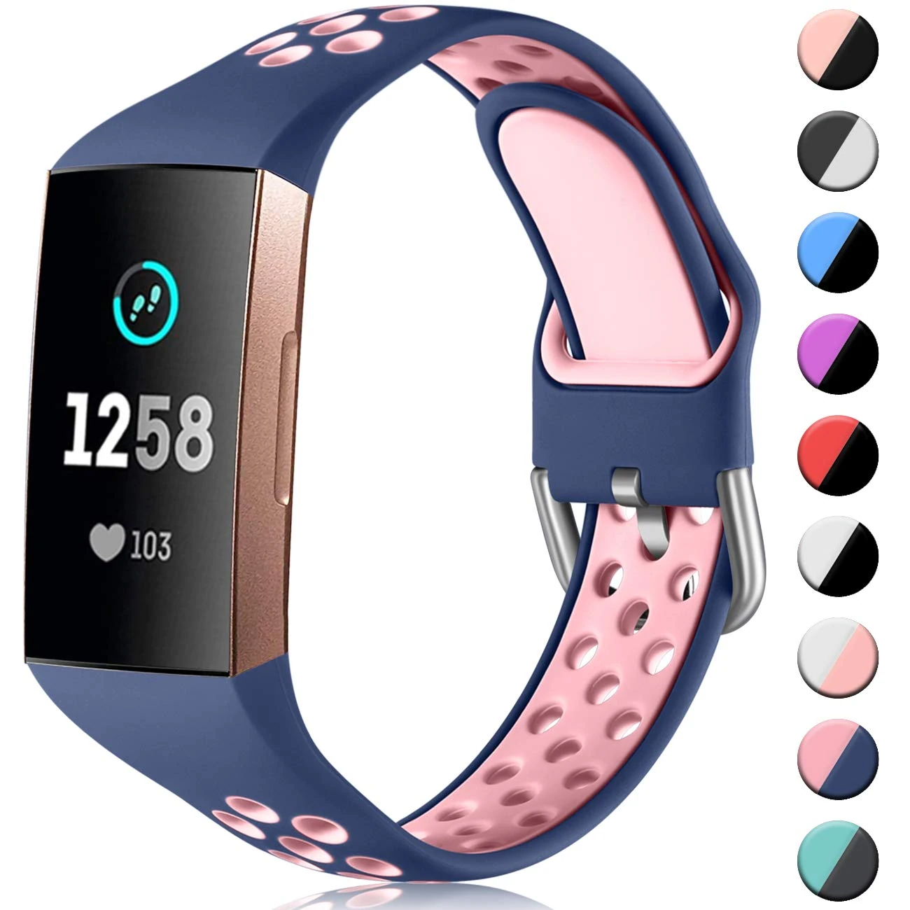 CeMiKa Silicone Strap Compatible with Fitbit Charge 4 Strap/Fitbit Charge 3 Strap, Breathable Replacement Sport Wristband for Charge 4 Special Edition, Women Men Large Blue/Pink