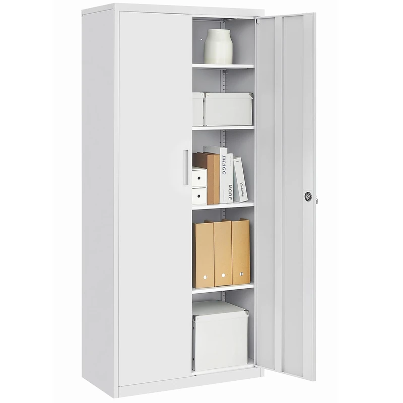 SONGMICS Storage Cabinet, Multi-Purpose 5-Tier Steel Cupboard, with Adjustable Shelves, Double Doors, Lock, Tool Chest, for Garage, Study, Grey OMC015G01