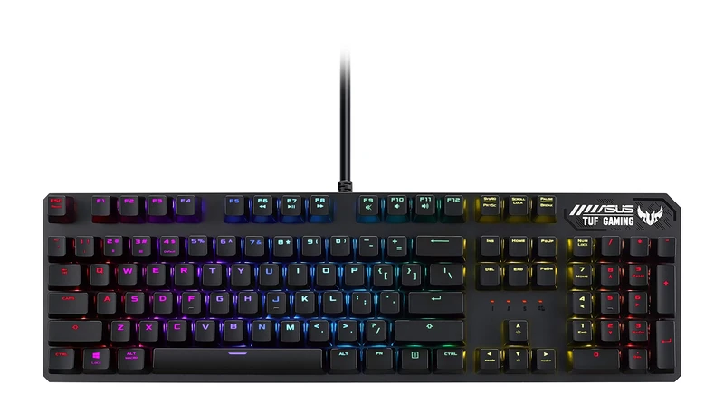 ASUS TUF Gaming K3 RGB mechanical keyboard with N-key rollover, combination media keys, USB 2.0 passthrough, aluminum-alloy top cover, wrist rest, eight programmable macro keys and Aura Sync lighting