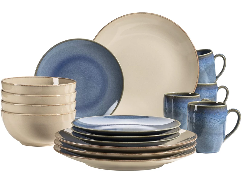 MÄSER 931872 Ossia Series Crockery Set for 4 People in Vintage Mediterranean Look, 16 Piece Crockery Set in Blue and Sand Grey, Ceramic