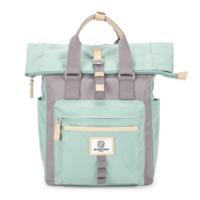 SEVENTEEN LONDON – Modern Cycling Pastel Green & Grey 'Canary Wharf' Fold Roll Top Backpack in a Classic Slim Urban Design – Fits Laptops up to 15" - Image 1