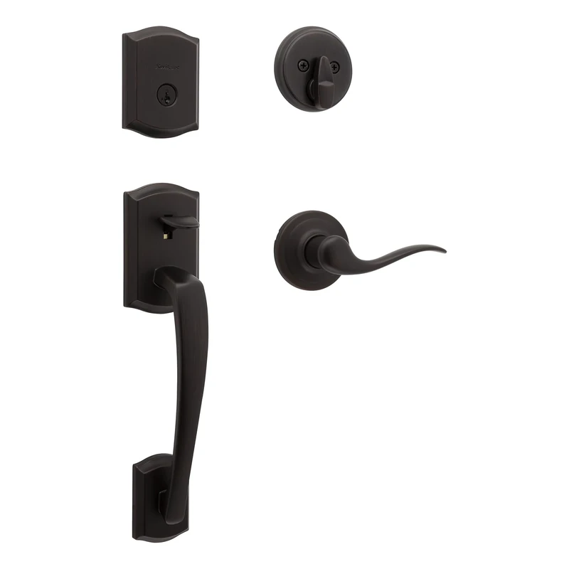 Kwikset Prescott Single Cylinder Front Door Handleset with Tustin Lever Featuring SmartKey Security and Microban Antimicrobial Protection in Venetian Bronze (98180-022)