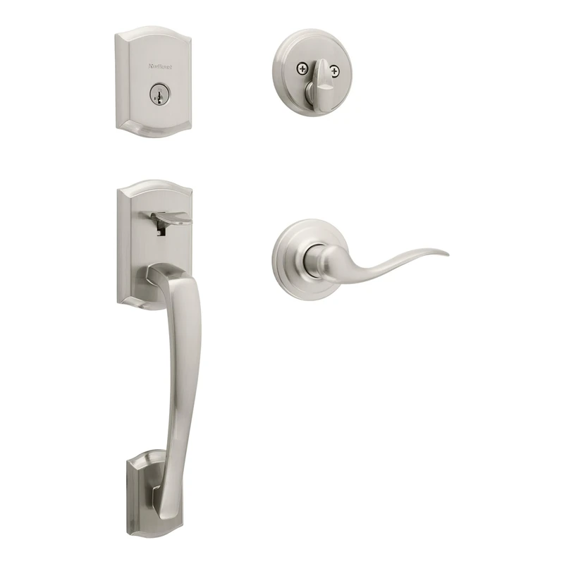 Kwikset Prescott Single Cylinder Front Door Handleset with Tustin Lever Featuring SmartKey Security and Microban Antimicrobial Protection in Satin Nickel