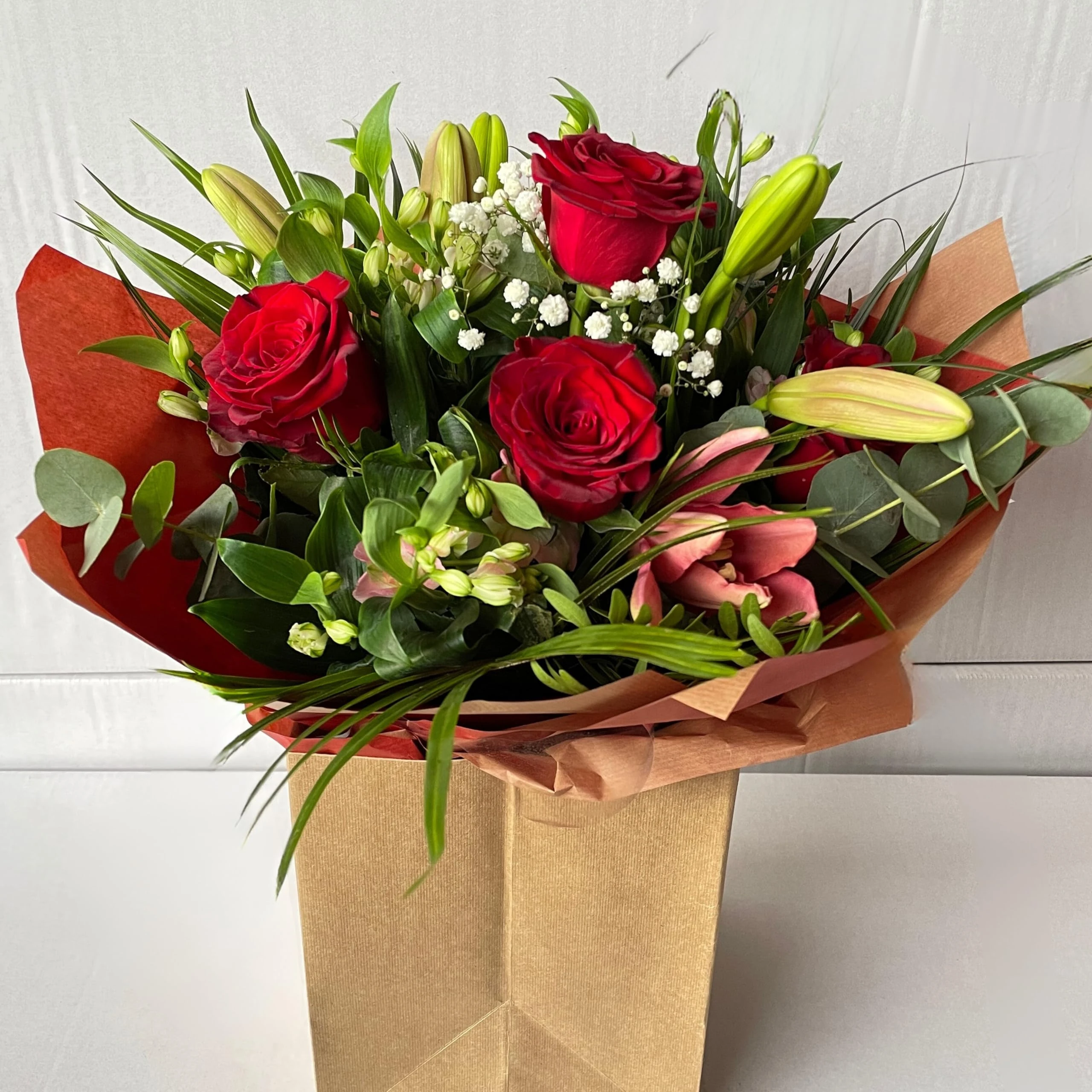 Red Rose and Lily Bouquet with Cardboard Vase – Fresh Flowers Delivery for Anniversary, Birthday, Get Well, Sympathy, Thank You, Housewarming, Seasonal Floral Arrangement Gift