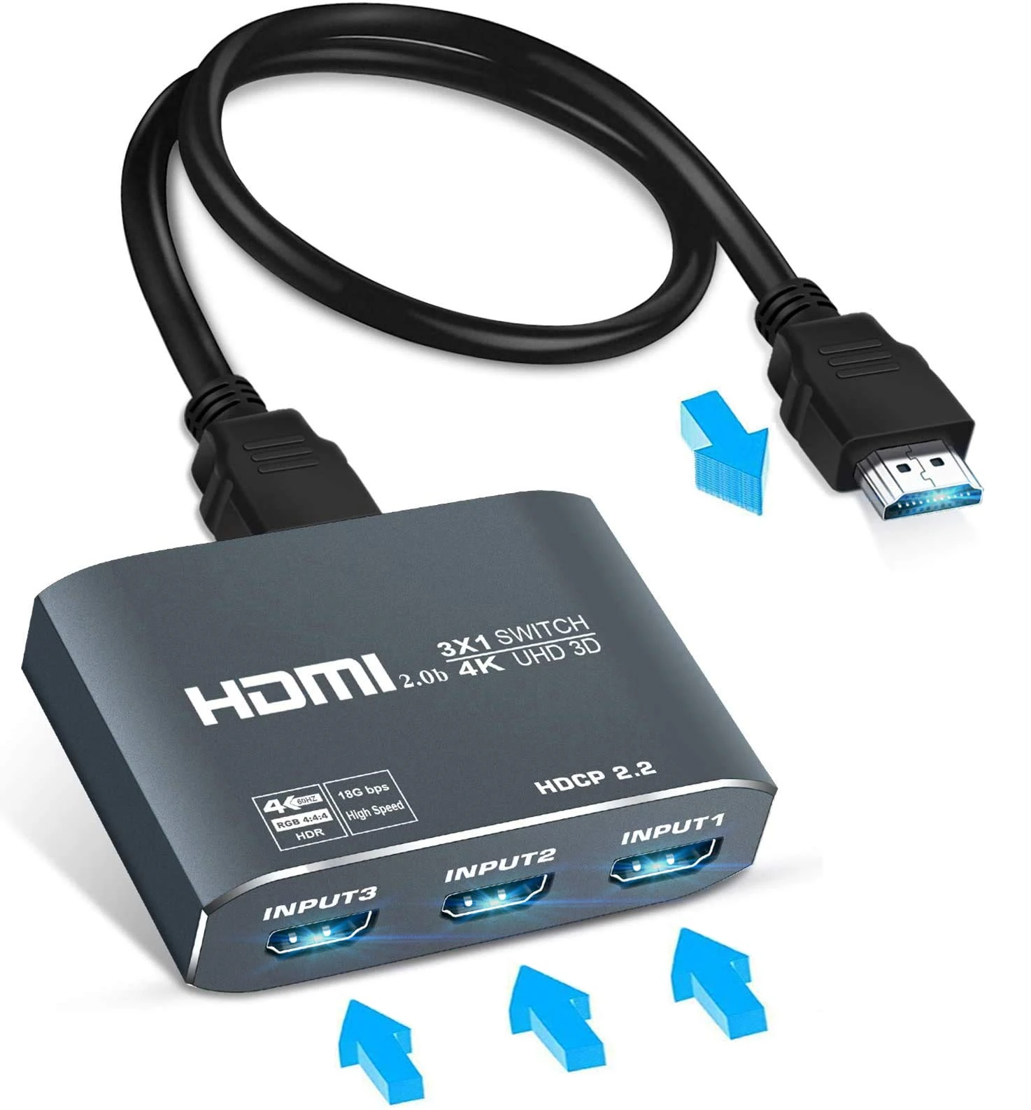 4K@60Hz HDMI Switch,Updated Aluminum HDMI Switch 2.0b ,3 in 1 Out HDMI Switcher Selector,Supports 4K 60HZ,HDCP 2.2, HDR 10, 18Gbps,3D,Game Consoles,Fire Stick,PS4,PC Etc (Come with a HDMI Cable)