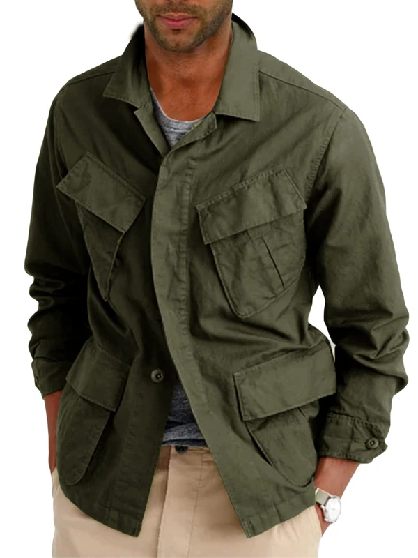 Runcati Mens Lightweight Safari Jacket Button Up Cotton Outdoor Military Cargo Long Sleeve Outwear, Army Green, XL