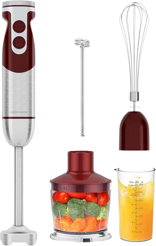 MEGAWISE Pro Titanium Reinforced 5-in-1 Immersion Corded Hand Blender, Powerful MOTOR with 80% Sharper Blades, 12-Speed Corded Blender, IncludingWhisk and Milk Frother
