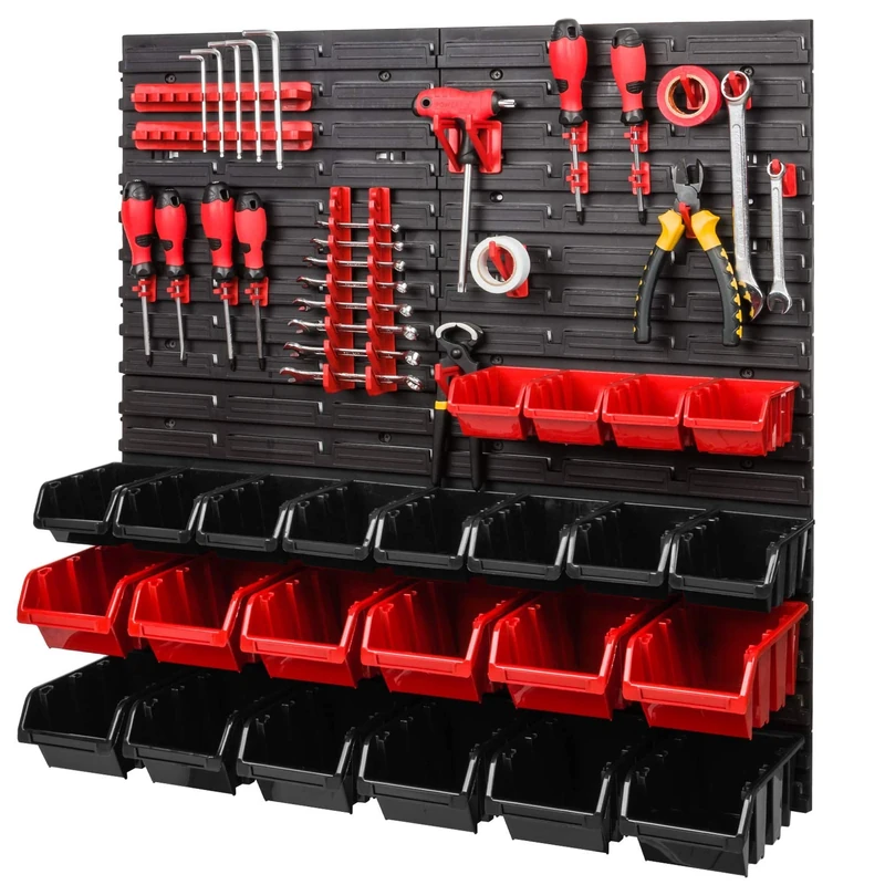Storage System | 772 x 780 mm | Wall Shelf with Stacking Boxes – 42 Pieces – Red Tool Holder + Red/Black Boxes