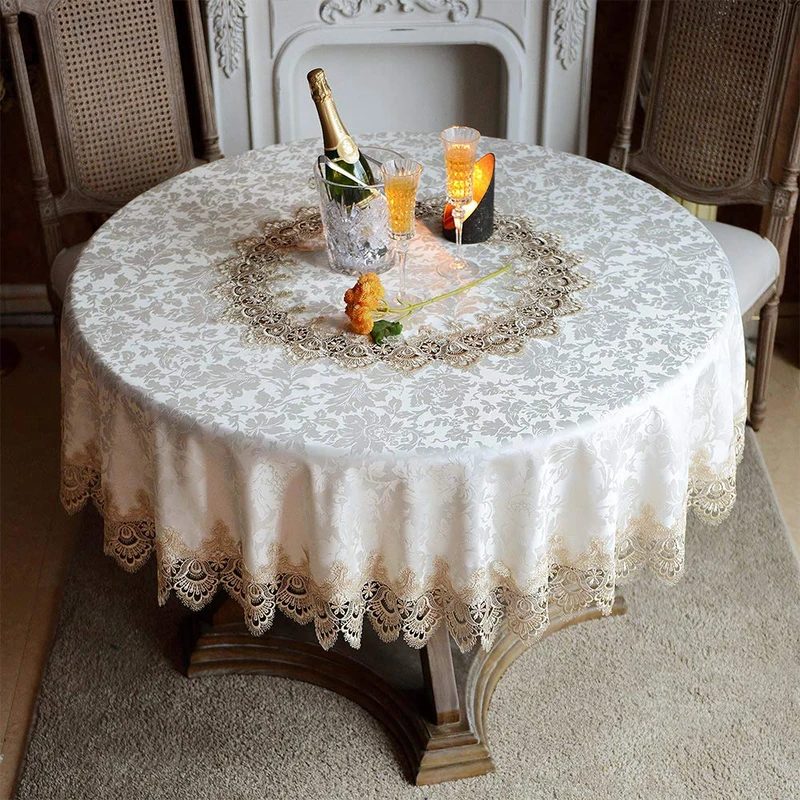 ARTABLE Round Tablecloth Lace Rustic Macrame Embroidered Table Cloths for Harvest Dresser Decor Farmhouse Kitchen Home (Light Brown, 70" Round)