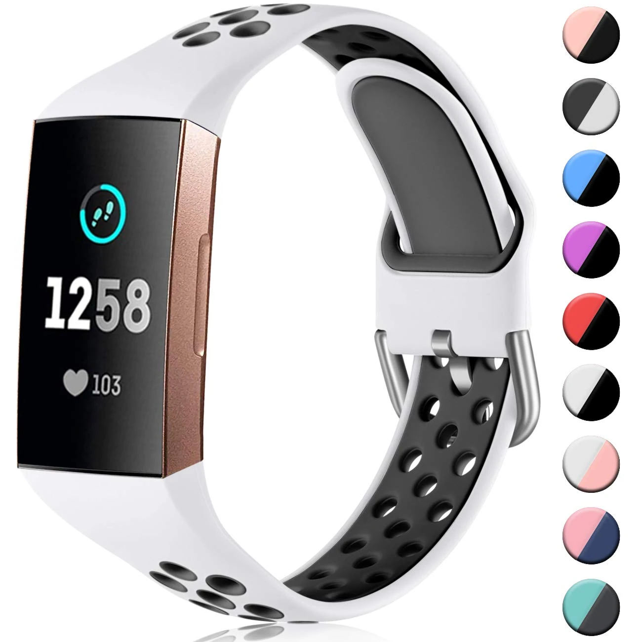 CeMiKa Silicone Strap Compatible with Fitbit Charge 4 Band/Fitbit Charge 3 Band, Breathable Replacement Sport Wristband for Charge 4 SE, Small White/Black