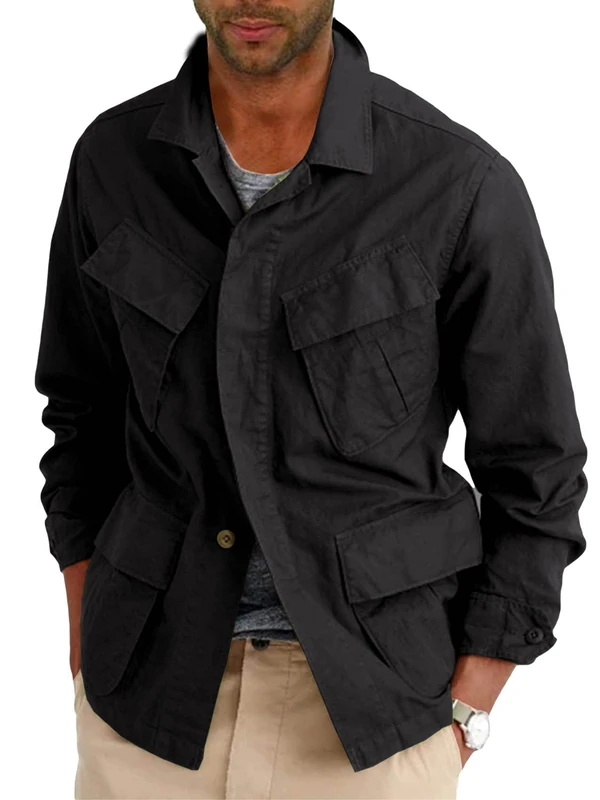 Runcati Mens Lightweight Safari Jacket Button Up Cotton Outdoor Military Cargo Long Sleeve Outwear, Black, M