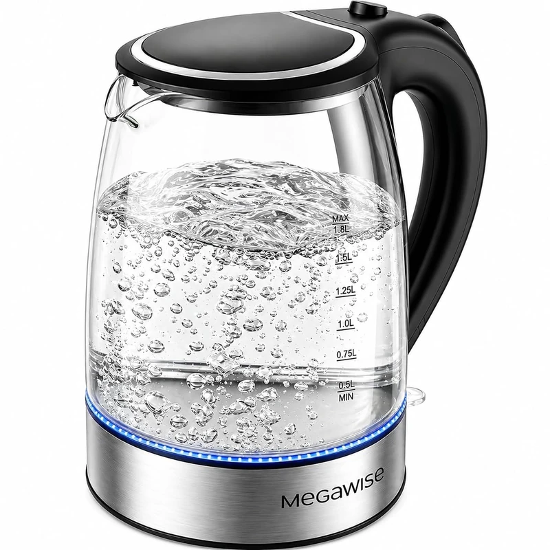 MEGAWISE 1500W Electric Kettle, 1.8L Borosilicate Glass Tea Kettle with LED Light, Auto Shut-Off and Boil-Dry Protection Cordless Kettle Fast Boiling, BPA Free